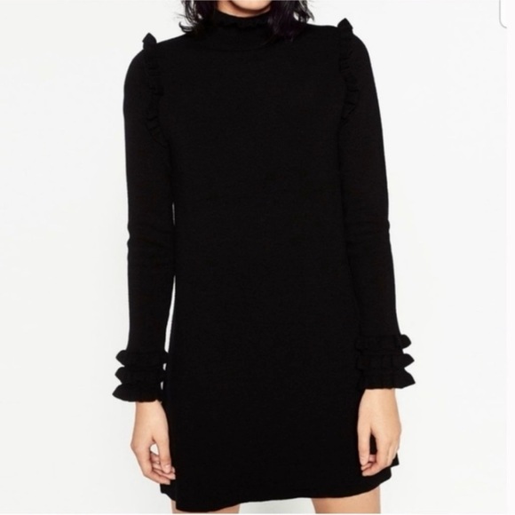 Zara Knit Sweater Dress Black Ruffle Turtleneck High Neck Cozy Size Medium - Picture 2 of 7